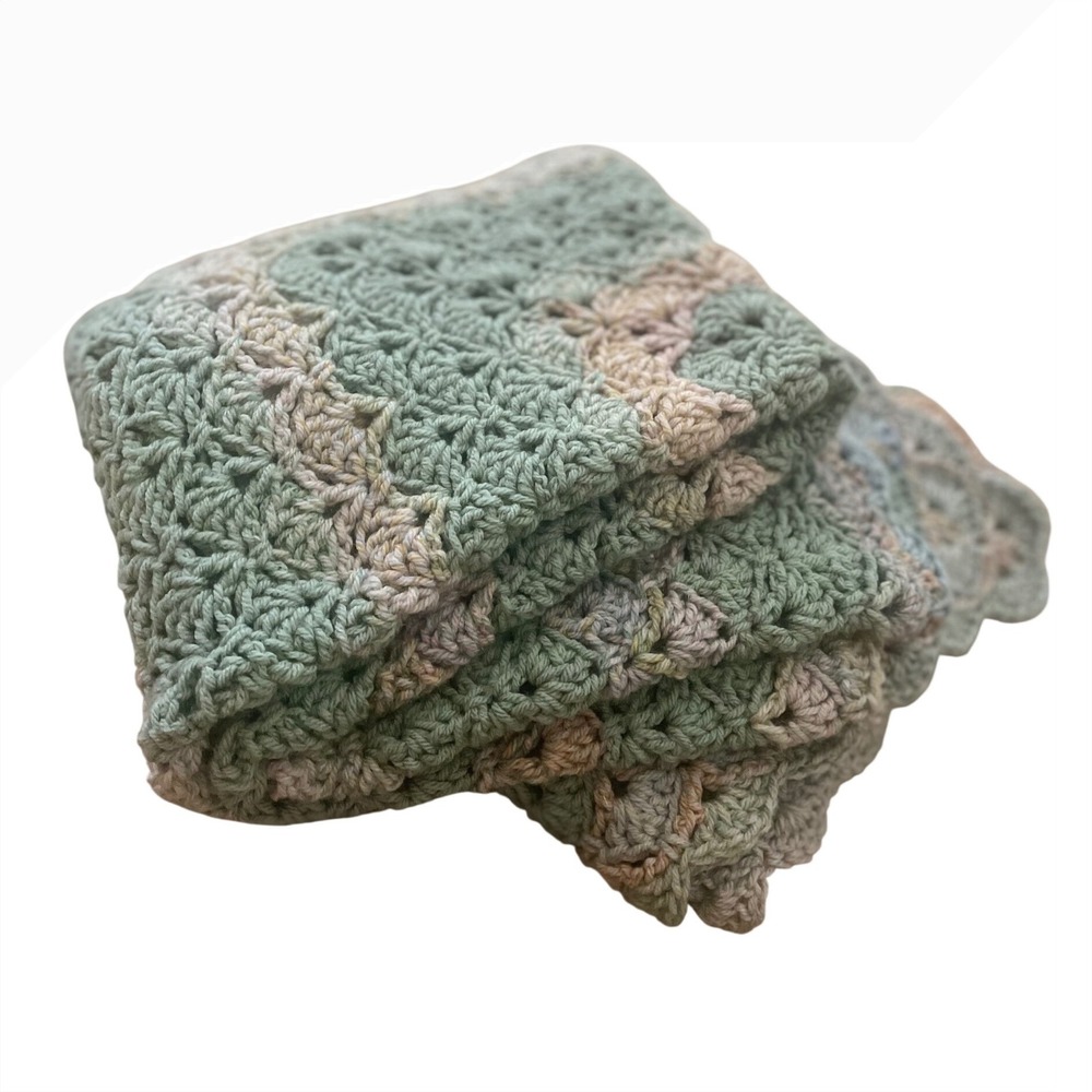 Handmade Crochet Throw Blanket Sage Green Pink Shell Stitch Afghan 59x53